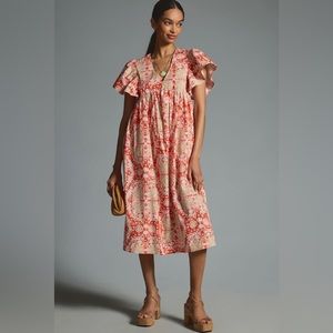 Anthropologie Maeve Printed Flutter-Sleeve Babydoll Dress.